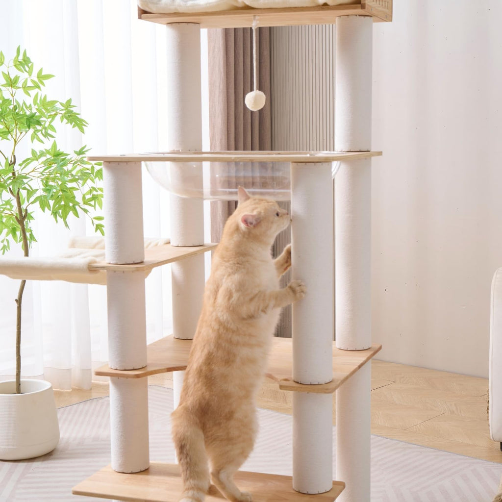 Modern Natural Wooden Wood Cat Tree Tower Condo, Extra Large Top Platform Perch, 57" Tall, Big Clear Capsule Bowl