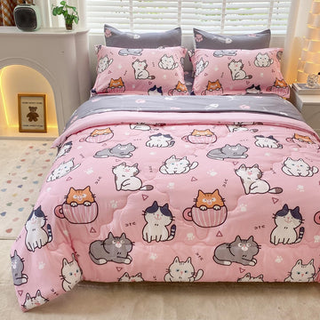 7 Piece Girls Cats Bedding Comforter Set for Kids Bed in A Bag Pink Cute Cartoon Pet Cat Bedding Set for Boys