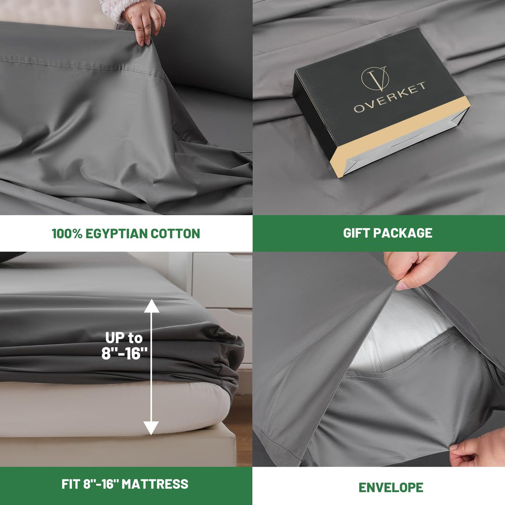 100% Egyptian Cotton Sheets Cal King Sheet Set 4PCS 1000 Thread Count Sateen Weave Soft Breathable 16-Inch Deep