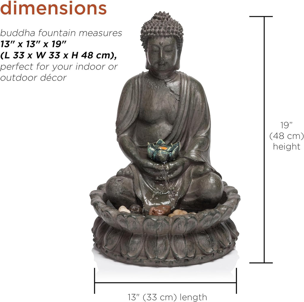 Indoor Tabletop Meditating Buddha Water Fountain with LED Lights and Lotus Flower, 19", Beige