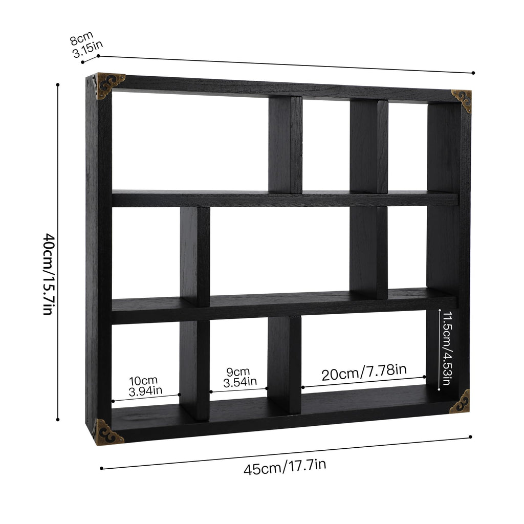 17.7x15.7-Inch Shadow Box Shelf 9-Slot Rustic Floating Shelves Larger Wall Mounted Lightweight Solid Wood Display