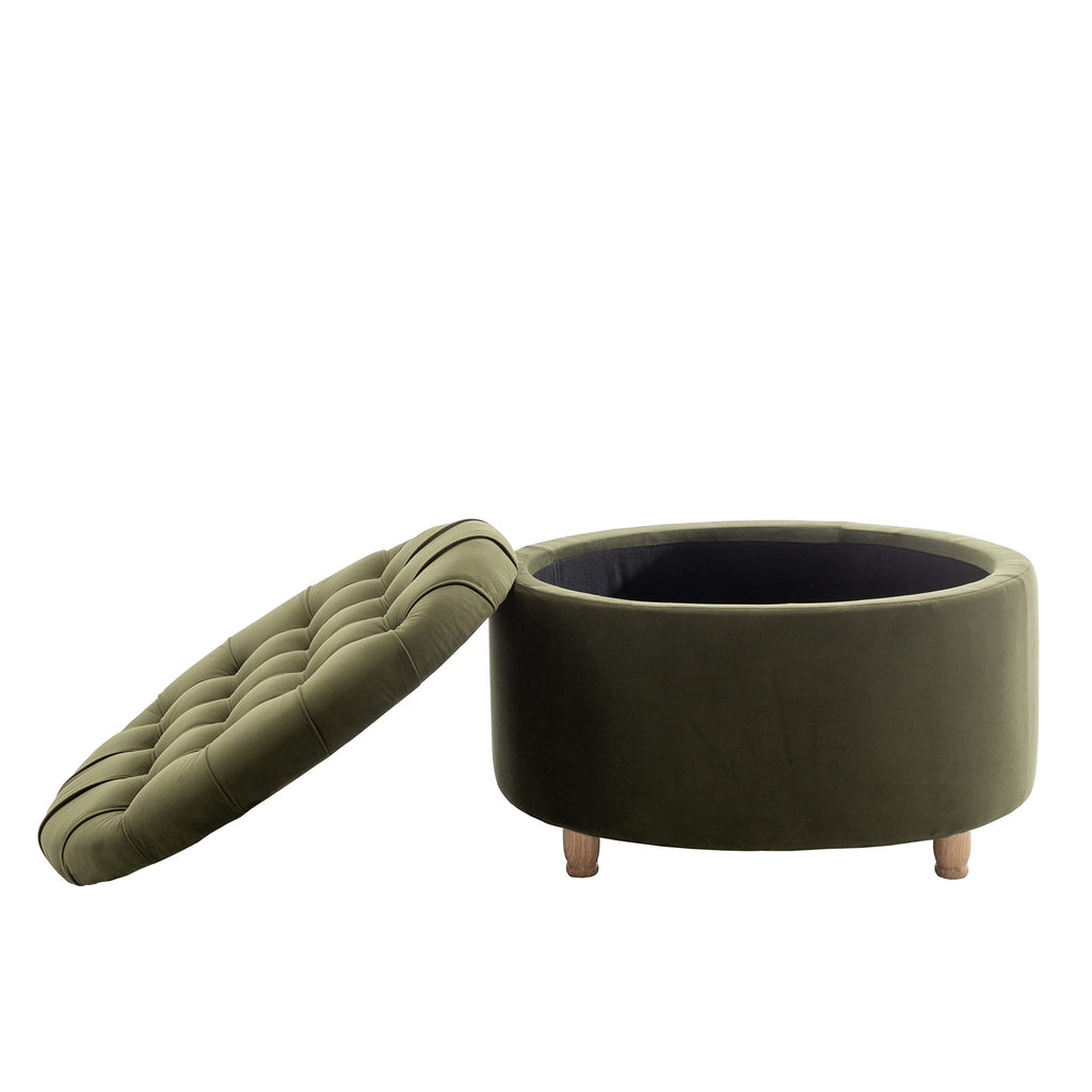 Classic 28-Inch Wide Button Tufted Round Storage Ottoman Footstool with Lift Off Lid, Sage Green Velvet