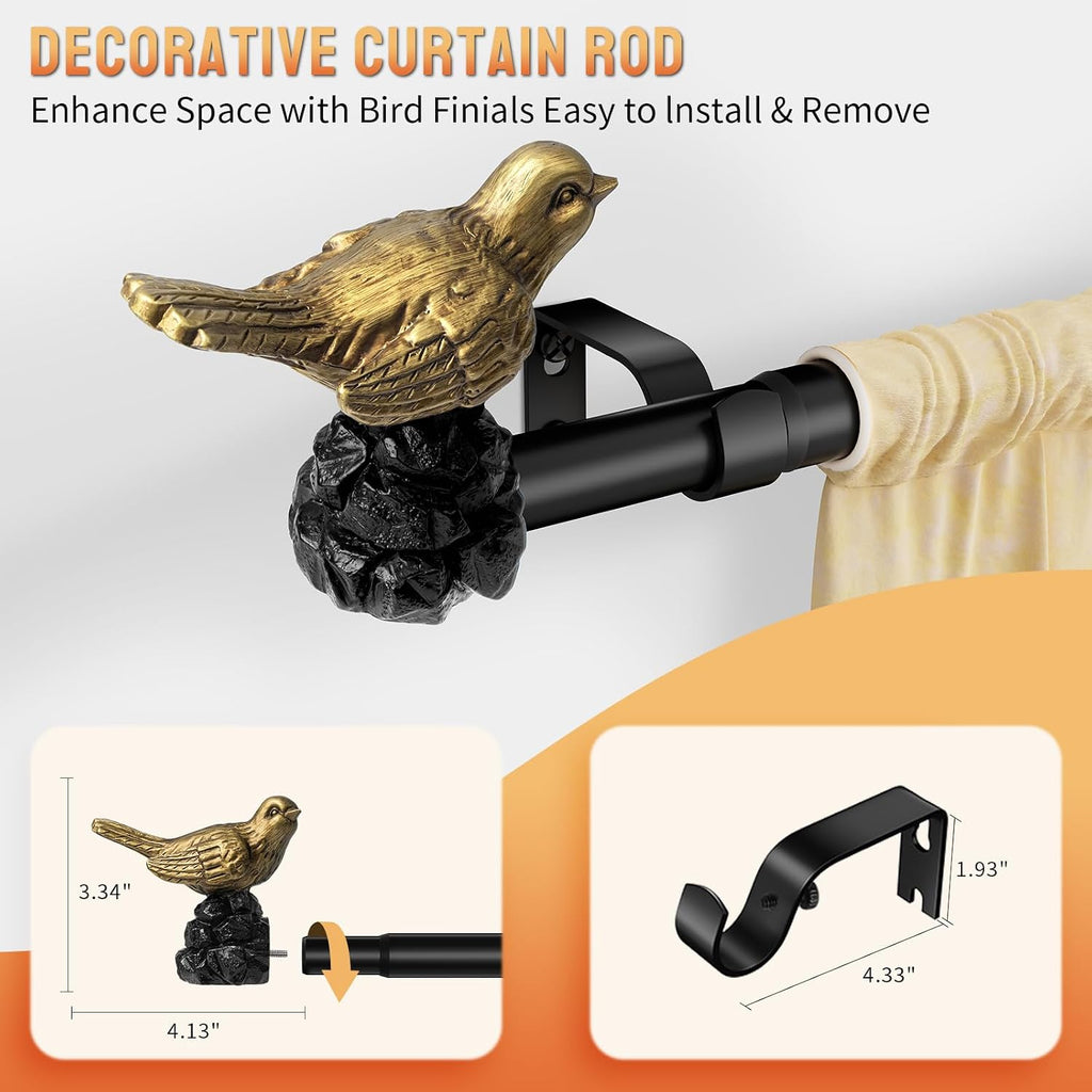 Bird Curtain Rod Black Curtain Rod with Gold Bird Finials Adjustable Heavy Duty Vintage Drapery Rod