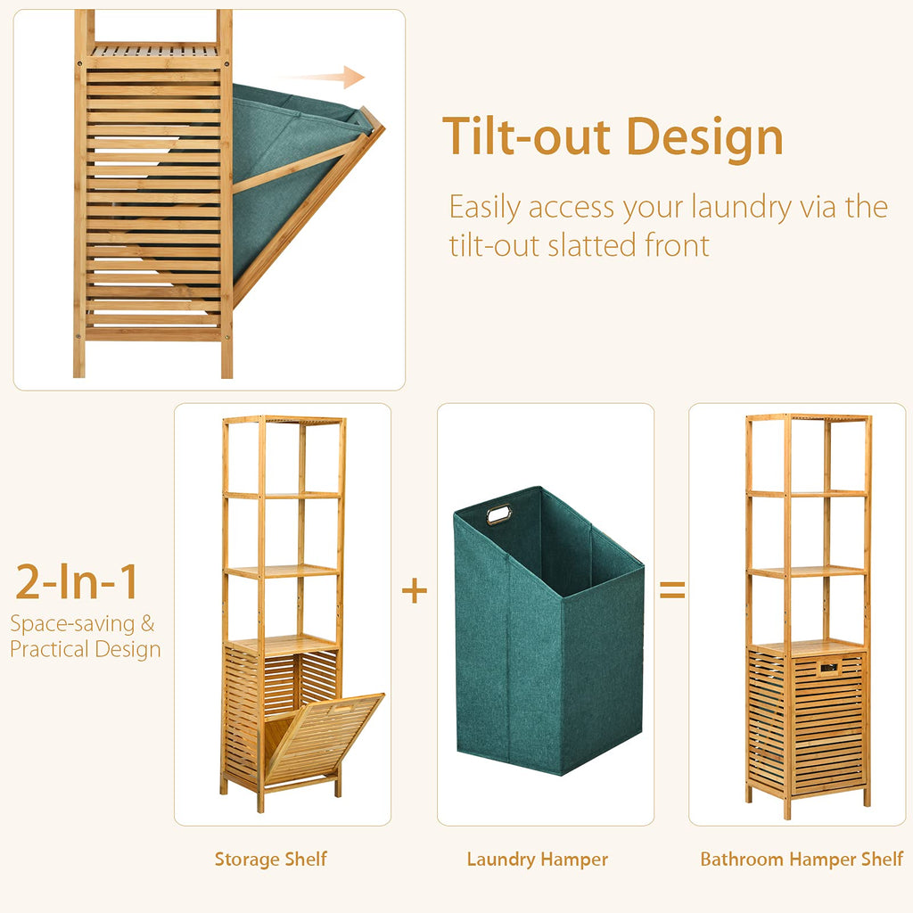 4 Tier Bamboo Shelves with Tilt Out Laundry Hamper, Freestanding Storage Shelf with Laundry Basket, Tower Hamper