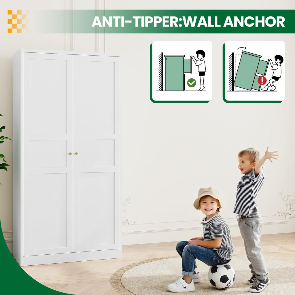 Metal Armoire Wardrobe Closet Cabinet, White Armoire Wardrobe Closets Storage Cabinets with Doors and Adjustable