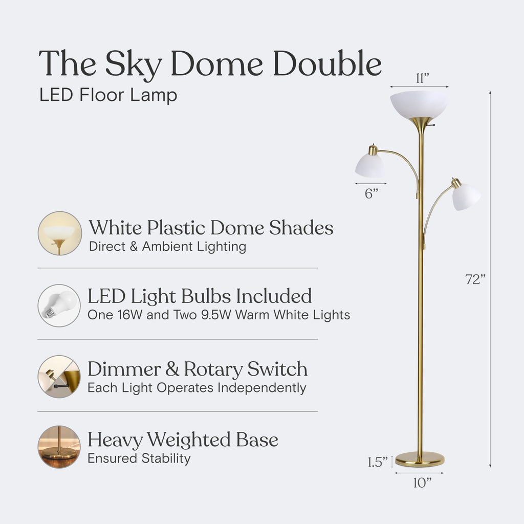 Sky Dome Double LED Floor lamp, Torchiere Super Bright Floor Lamp with 2 Reading Lamps s & Offices - Dimmable Tall