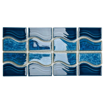 Navy Ocean Blue Wavy Porcelain Lineup Border Pool Wall Floor Tile Backsplash on 6x12 Mesh Mounted Easy Installation