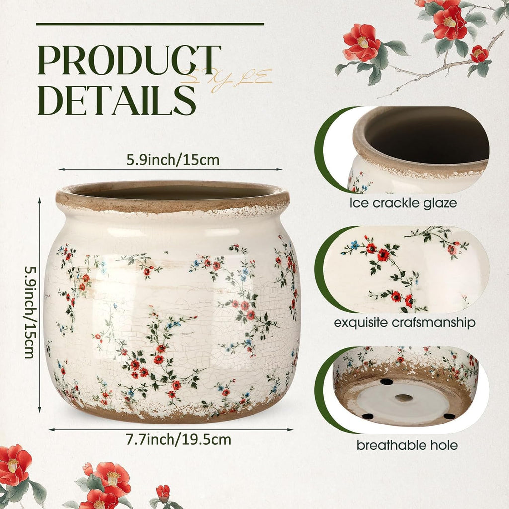 7.7" Large Ceramic Plant Pot Beige Red Cottage Rose Crackle Glaze Rustic Flowers Pot Decorative Planter with Drainage