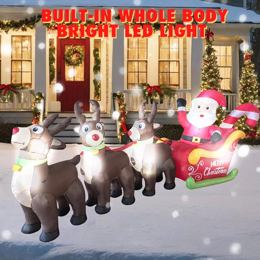 10 FT L Christmas Inflatables Santa Sleigh & Reindeer Outdoor Decorations