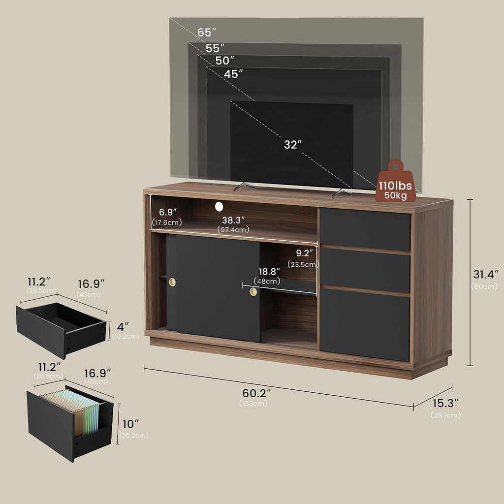 60" Lateral File Cabinet with 3 Dawers, Open Shelves | File Cabinets for A4 / Letter Documents, Wide Credenza w/