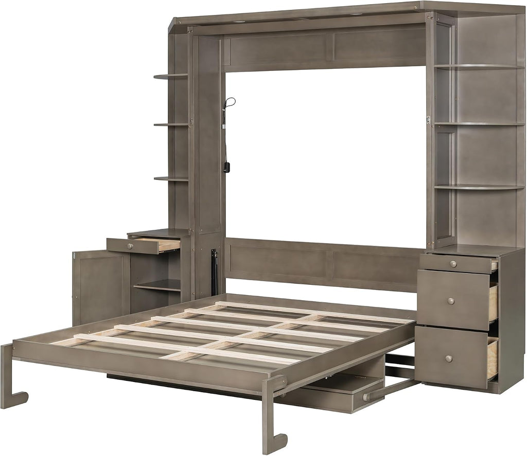 Queen Murphy Bed with Desk and Storage, Hidden Wall Bed with Foldout Workstation, Shelves and Cabinets for