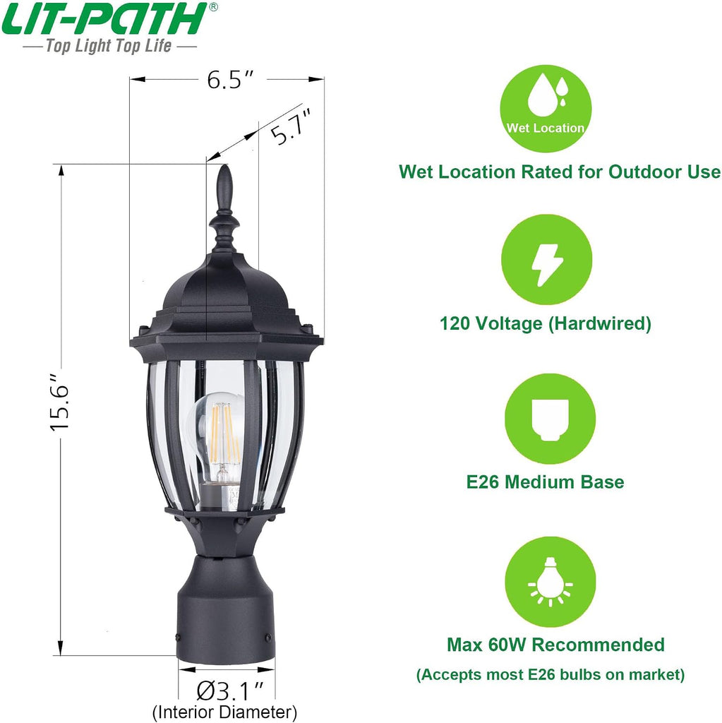 Outdoor Post Lighting Fixture Pole Lantern, 16'' Waterproof Aluminum Post Lamp with Clear Glass, E26 Socket