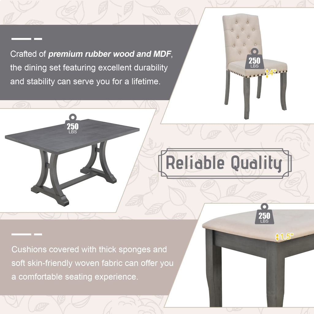 6-Piece Dining Table Set with Bench for 6 Rectangular Kitchen Table Set with 4 Chairs Retro Dining Room Table and