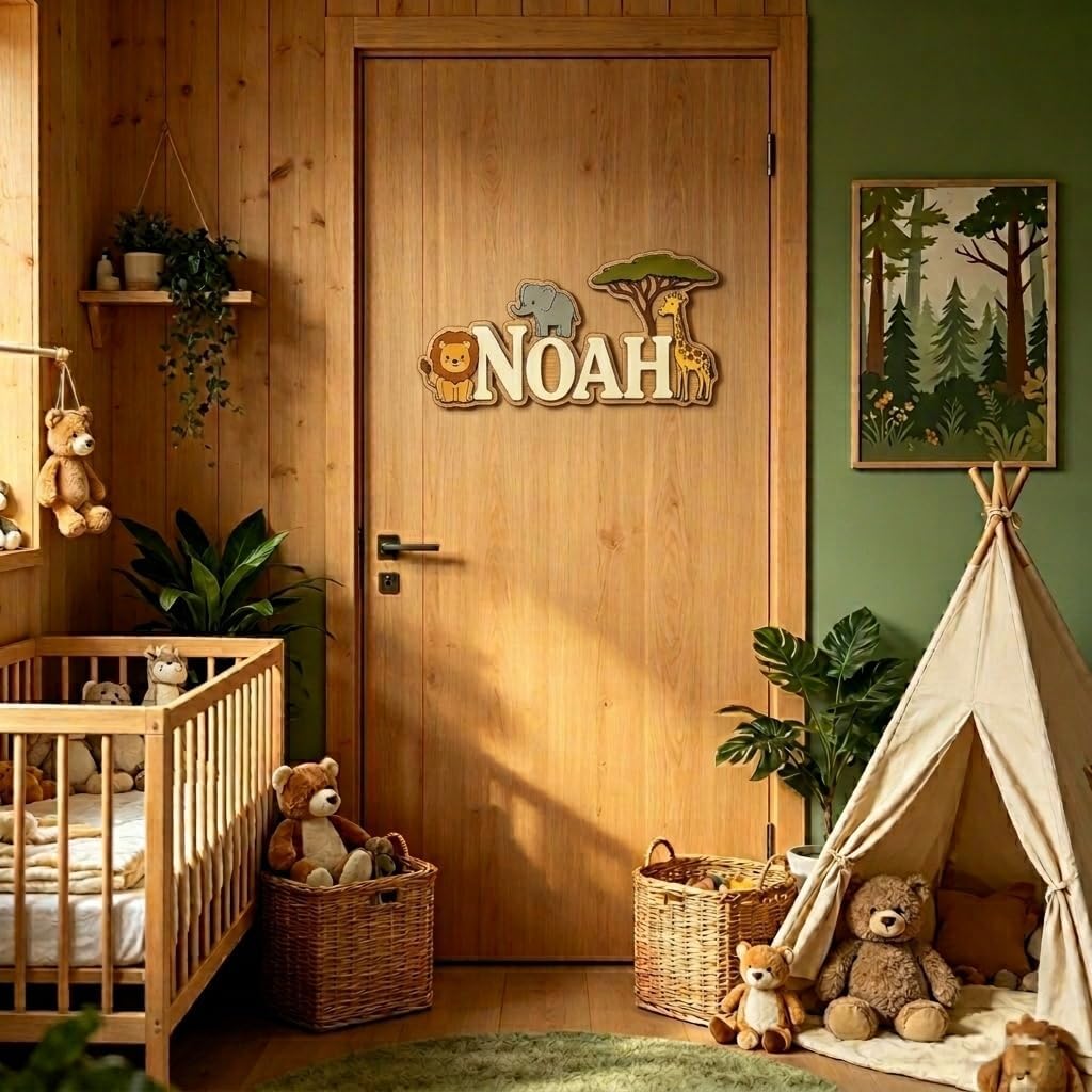 Personalized Safari Wooden Name Sign for Kids Room, Custom Jungle Animal Name Wall Decor, Nursery Name Sign, Baby