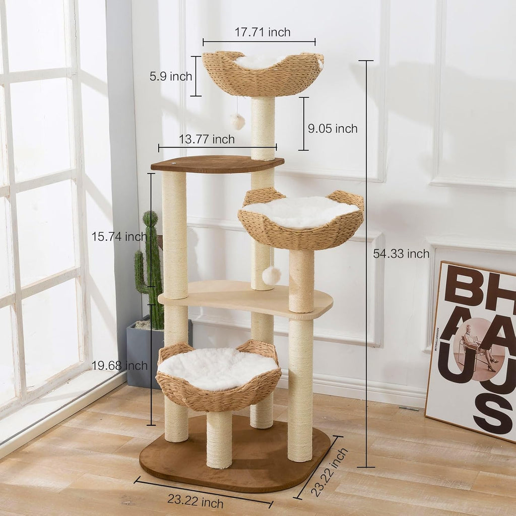 Cat Tree Tower, Modern Cat Tree with Hand-Woven Basket Nest, Sisal Posts, Extra Large 54 Inch Heavy-Duty Multi-Level