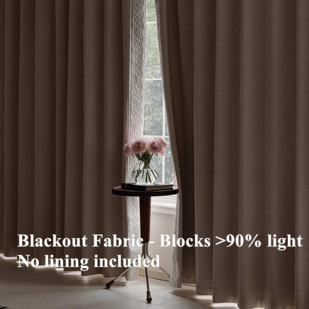 Luxury Pinch Pleat Blackout Curtains - Textured Embroidery Trim, Soft Beige, Linen Blend, Memory Trained (50" W x 90"