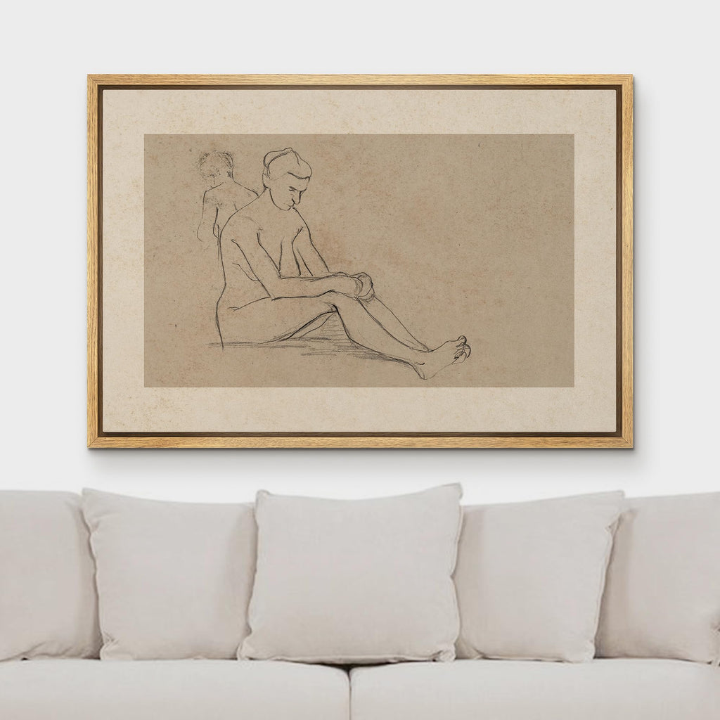 Framed Canvas Print Wall Art Seated Nude Figure Sketch Minimalist Vintage Charcoal Illustrations Fine Art Decorative
