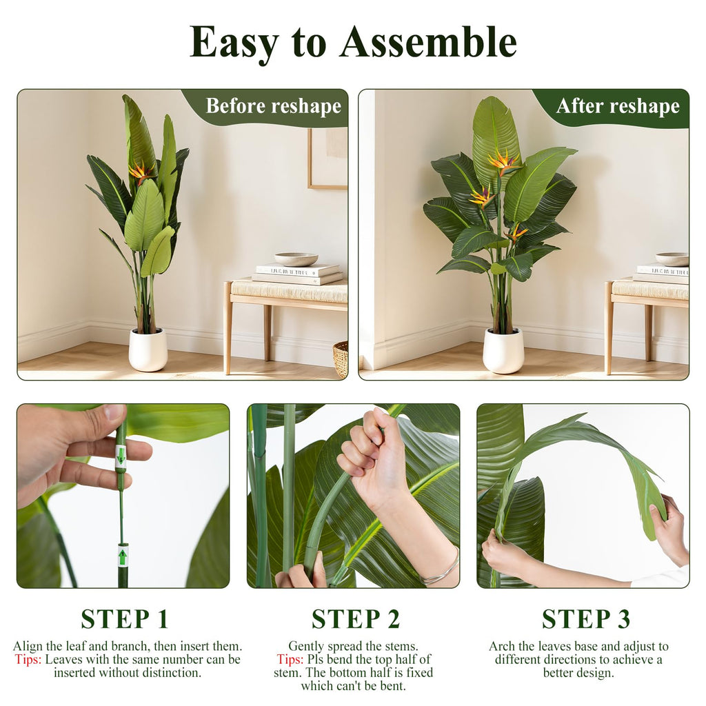 Bird of Paradise Artificial Plant in White Pot, 6ft Tall Faux Banana Leaf Tree with 3 Tropical Bird Flowers & 13
