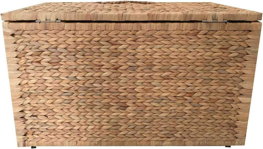 Water Hyacinth Wicker Storage Trunk, Natural, 30x17.5x17.5 Inches | Safety Hinge, Metal Frame, Decorative Blanket