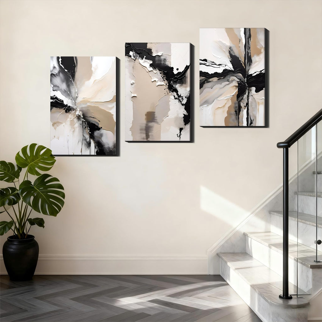 Large Canvas Wall Art Office, 3 Piece Black Beige Abstract Canvas Prints Pictures, Neutral Modern Paintings, Extra