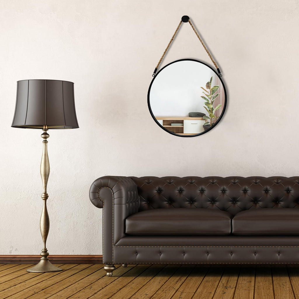 15" Small Round Hanging Mirror, Circle Wall Mirror with Jute Rope