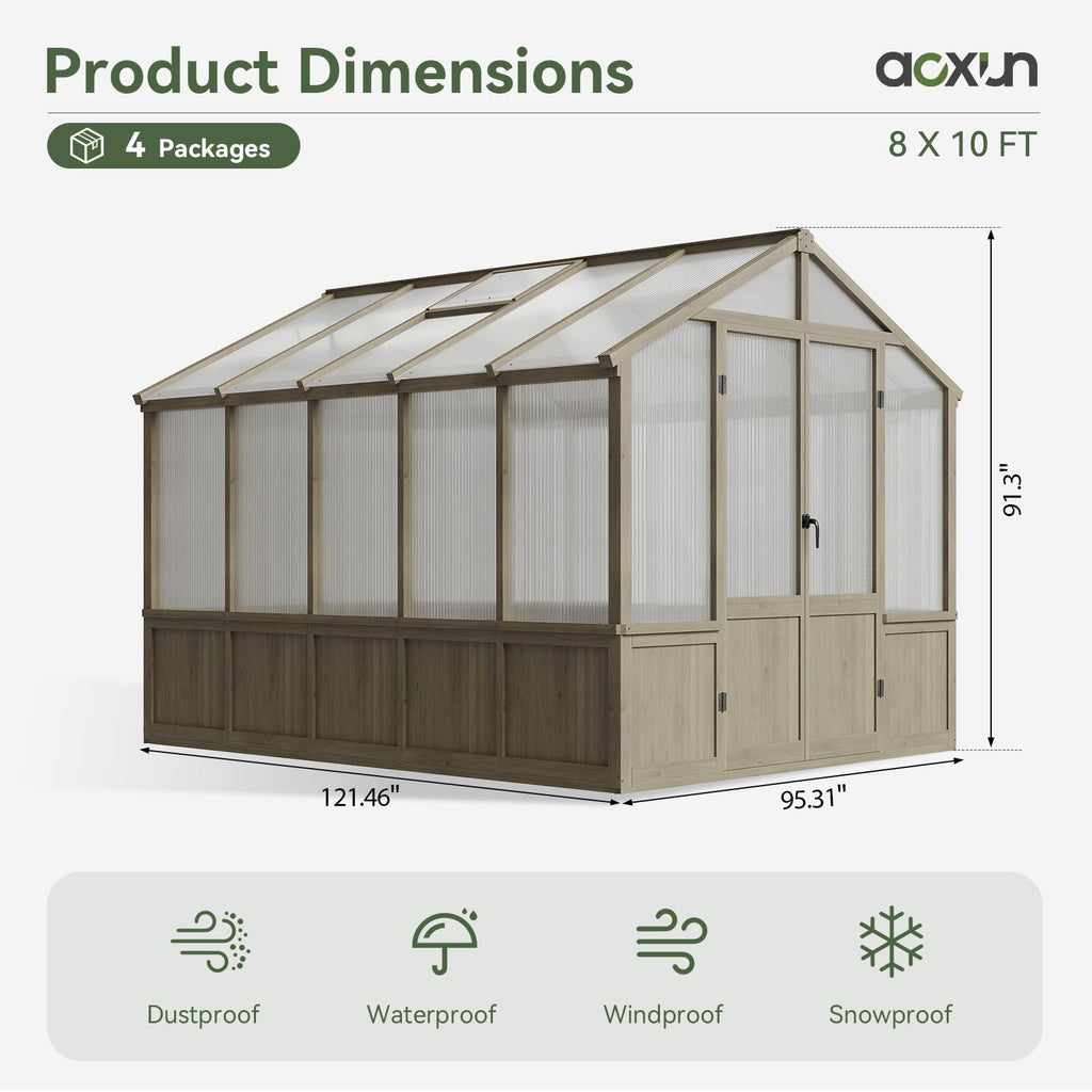 8x10 FT Wooden Greenhouse for Outdoors, 6MM Thick Polycarbonate Panel Walk-in Green House Kit with Adjustable Roof