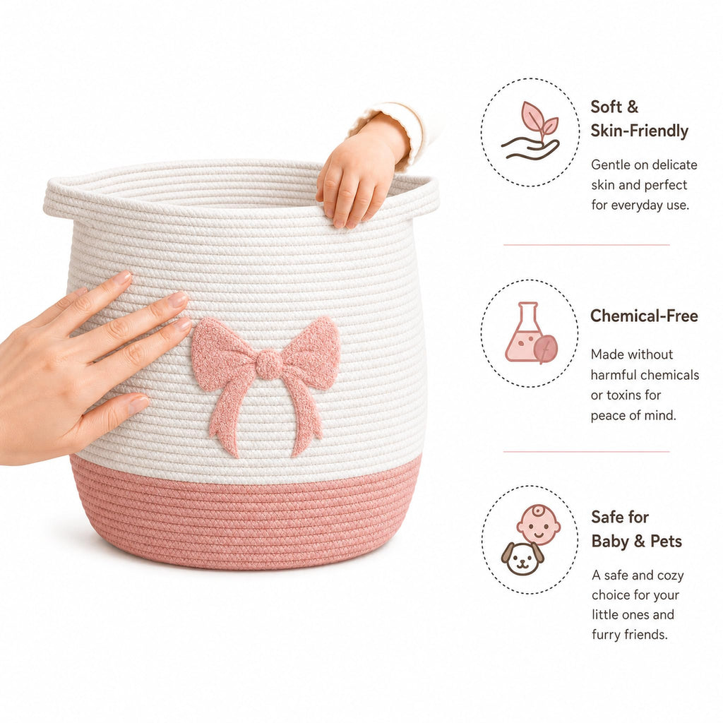 Pink Bow Baby Laundry Basket, Cotton Rope Nursery Hamper with Handles