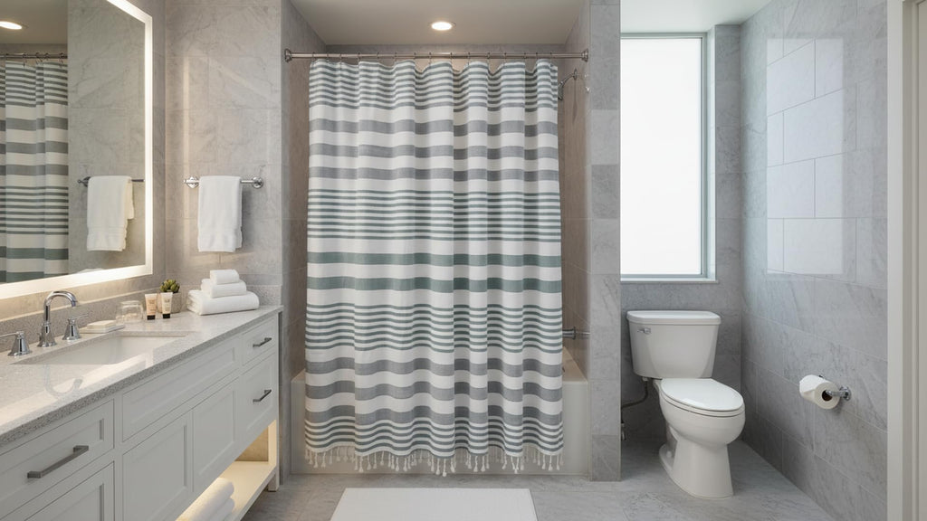 Teal Green & White Striped Cotton Shower Curtain with Fringe