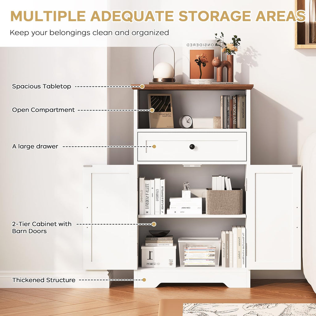 Floor Cabinet, Farmhouse Storage Cabinet with Barn Doors and Drawers White