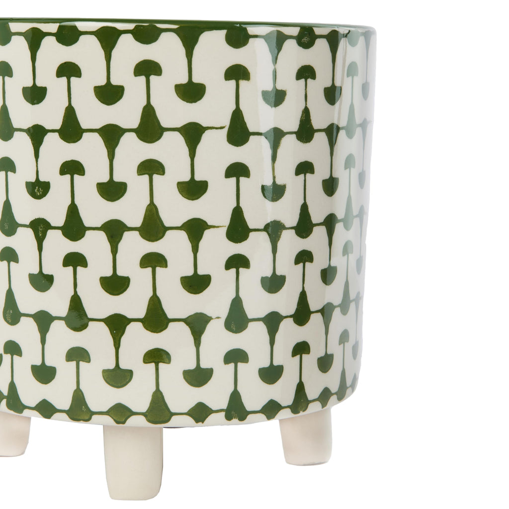 Footed Stoneware Planter with Abstract Print, Green and White