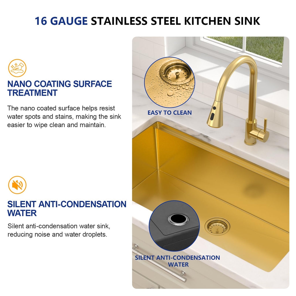 33 In. Gold Undermount Kitchen Sink, Workstation with Valued Accessories, Heavy Duty 16 Gauge 304 Stainless Steel