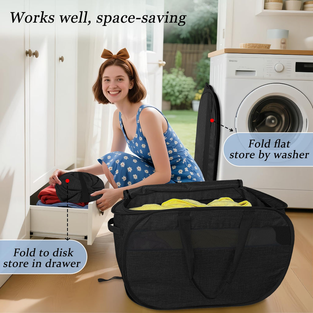 Upgraded 100L Extra Large Mesh Pop Up Laundry Hamper with Lid & Handles, XL Foldable Dirty Clothes Basket Dorm Closet