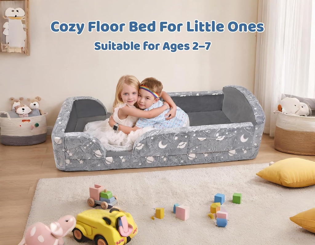 Toddler Floor Bed, All-Foam Kids Bed with Guardrails, for Ages 2-7