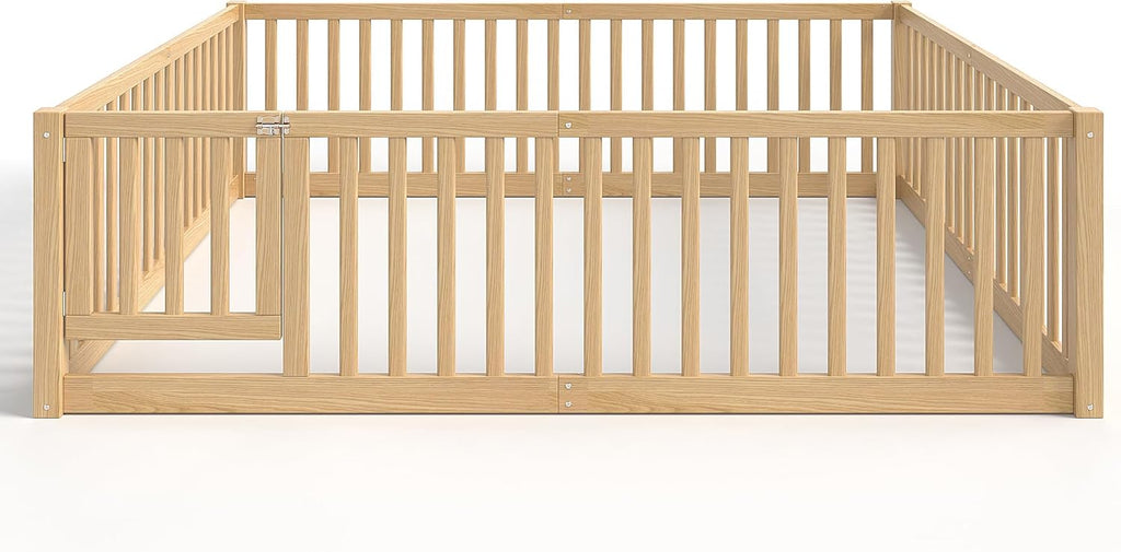 Queen Size Floor Bed with Door and High Guardrail, Queen Size Montessori Floor Bed with Fence, Easy Assemble