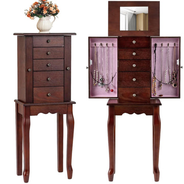 Standing Jewelry Armoire Cabinet with 4 Drawers, Flip Top Mirror, Top Storage Compartments, 2 Side Doors with 8