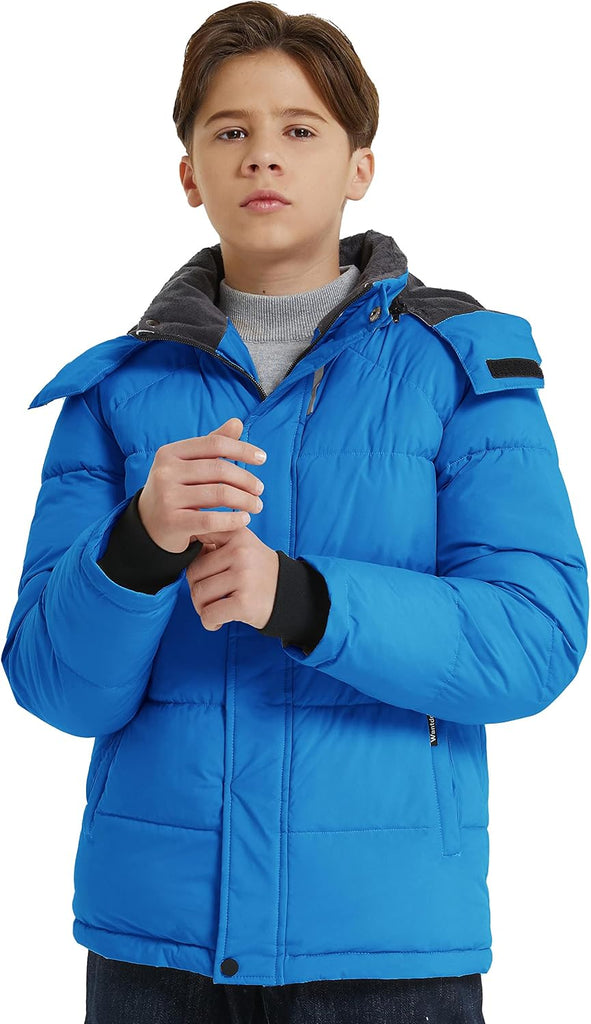 Boys Puffy Winter Coats Fleece-Lined Snow Jackets Removable Hood