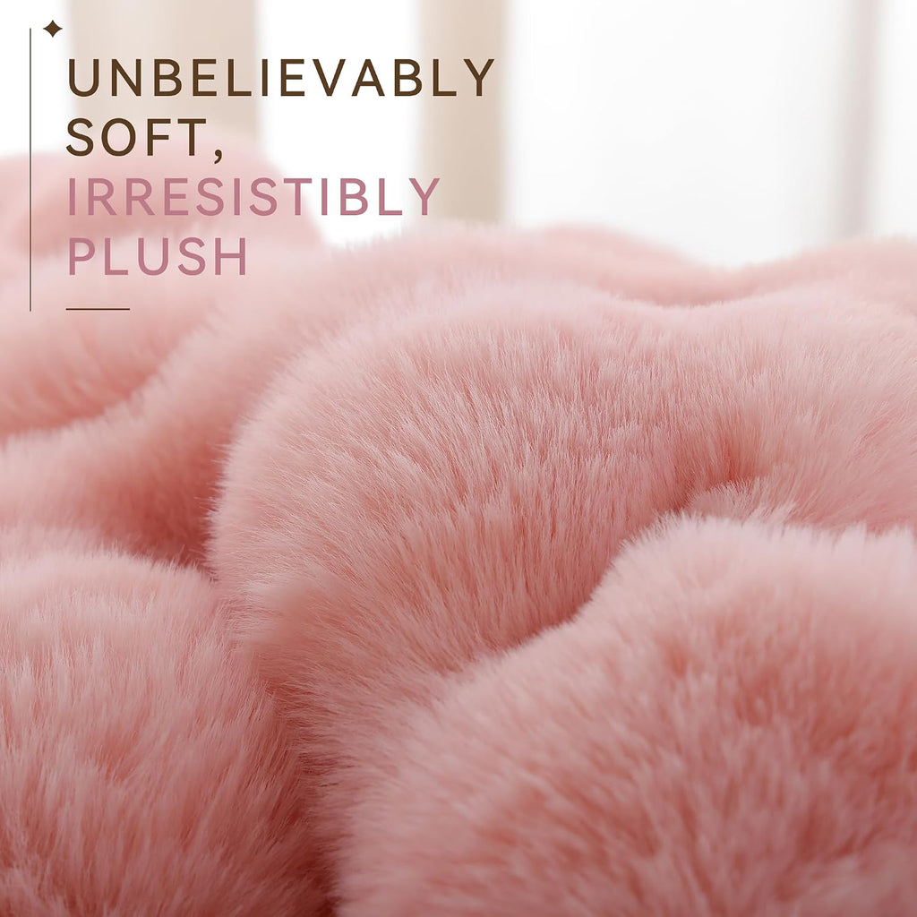 Faux Rabbit Fur Throw for Couch - Blush Pink Bubble Blanket 60"x80" | Fluffy Plush Fuzzy Throw for Sofa & Bed, Super