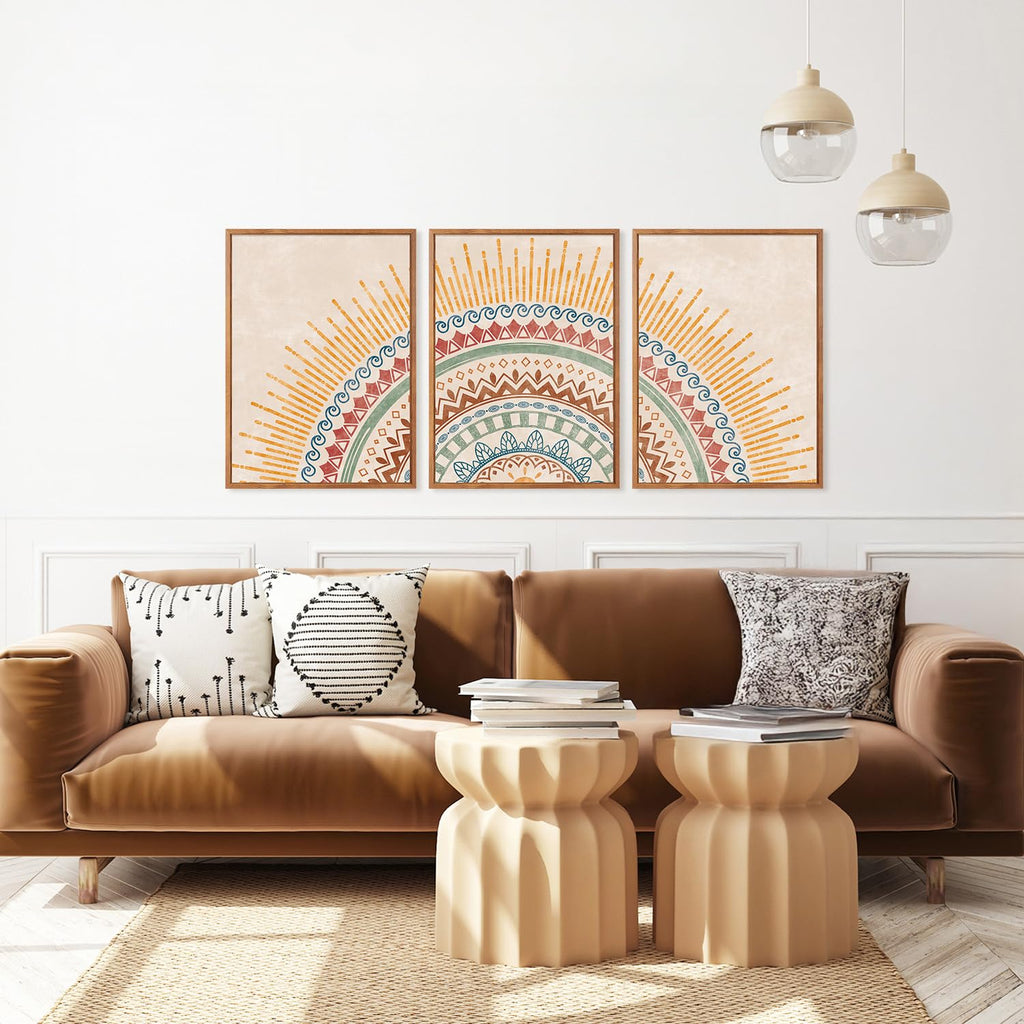 Boho Sun Framed Canvas Wall Art Set, (Set of 3, 12X16 Inch) Mid-Century Modern Wall Decor, Minimalism Bohemian Wall