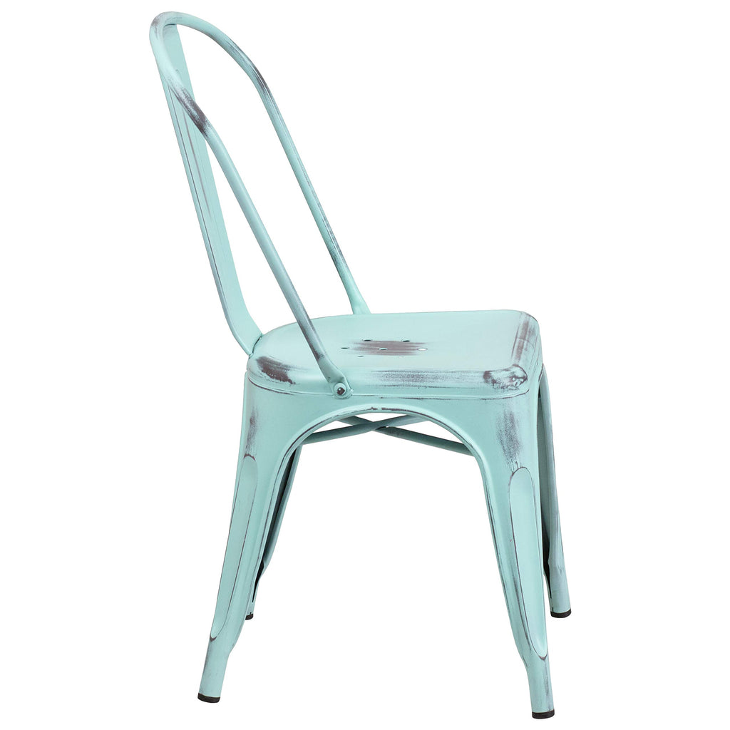 Distressed Green-Blue Metal Indoor/Outdoor Stackable Chair