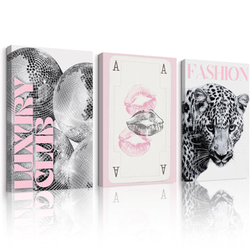 Pink Leopard Trendy Wall Art Cheetah Black White Canvas Wall Decor Fashion Preppy Posters Aesthetic Disco Ball
