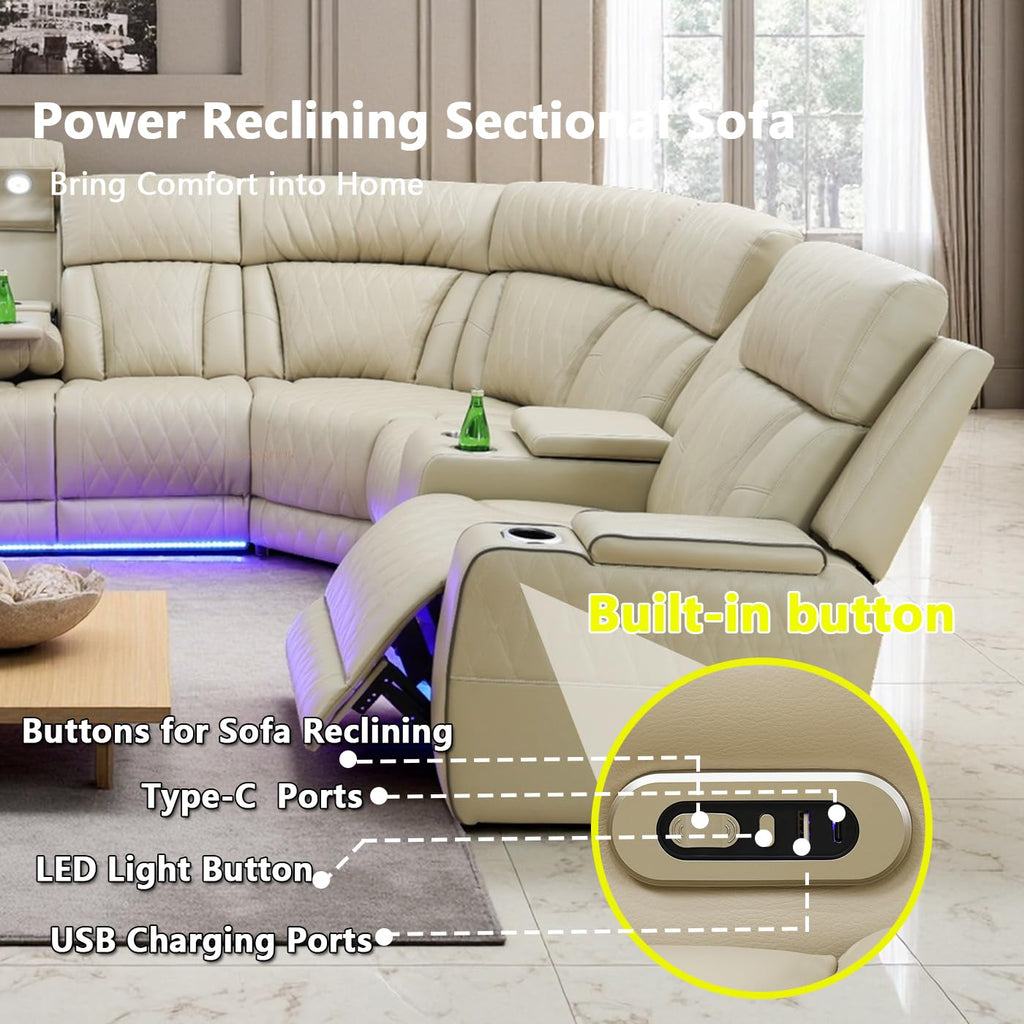 Living Room Furniture Sets, Power Recliner Sectional Sofa with LED Light, Leather Reclining Sectional Couches Set