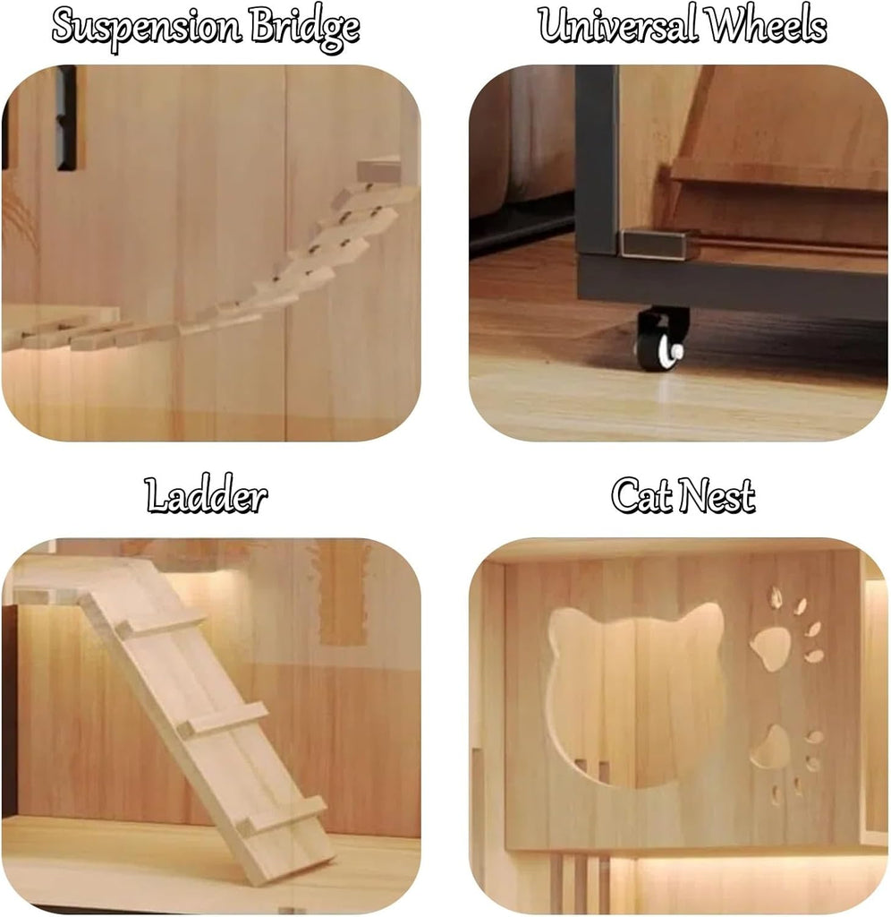Black Cat House with Tempered Glass Door - Multi-Level Wooden Cattery Cage with Lockable Wheels, Easy to Move