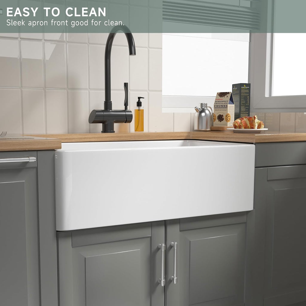 Fireclay Farmhouse Sink 30 x 18 Inch White Apron Front Kitchen Sink | Farm Sink for Laundry,Kitchen, Heavy Duty