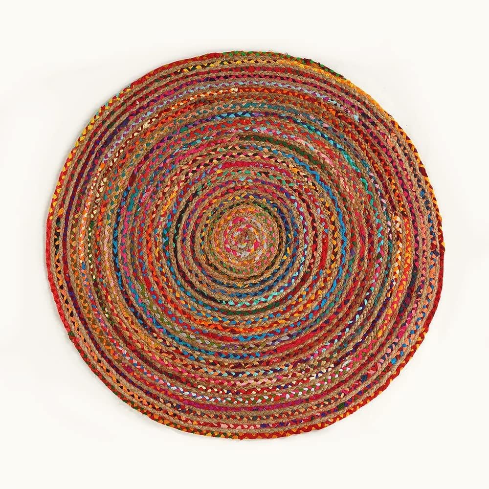 Jute Cotton Area Rug 5ft Round Natural Handwoven Colorful Boho Rug | Jute & Cotton Chindi Braided Rag Rug Multi