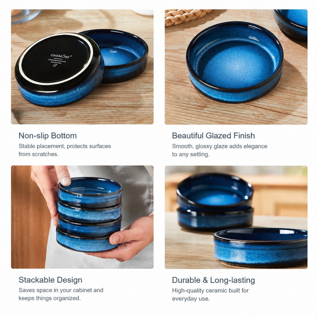 4 oz Oven Safe, Ceramic for Creme Brulee, Custard, Pudding, Souffle, Blue Shallow Ramekin Dishes, Small Porcelain