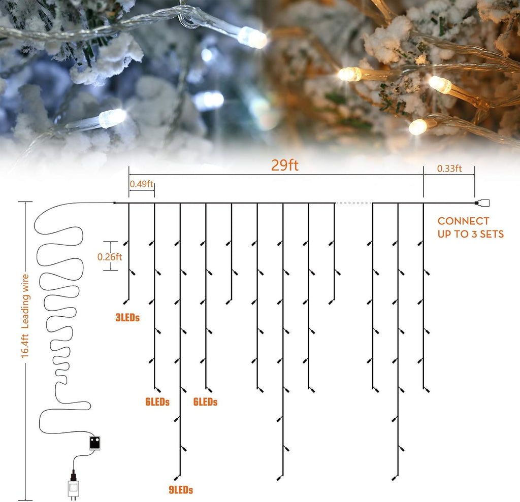 Christmas Icicle Lights Outdoor, 2 in 1 White & Warm White Color Changing Icicle Lights with 60 Drops, 29.5ft 360 LED