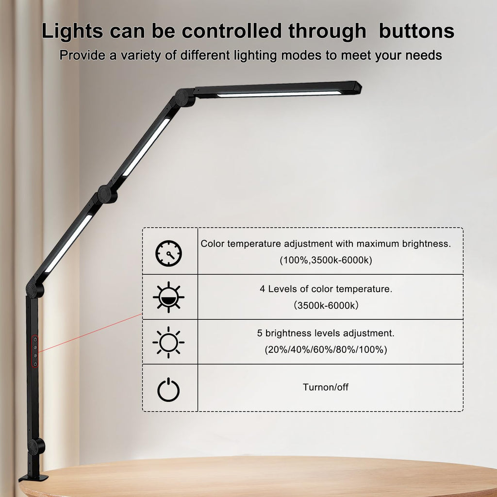 LED Desk Lamp with Clamp & Flexible Arm - 3 Light Sources, 4 Color Modes & 5 Brightness Levels, Eye-Caring Table