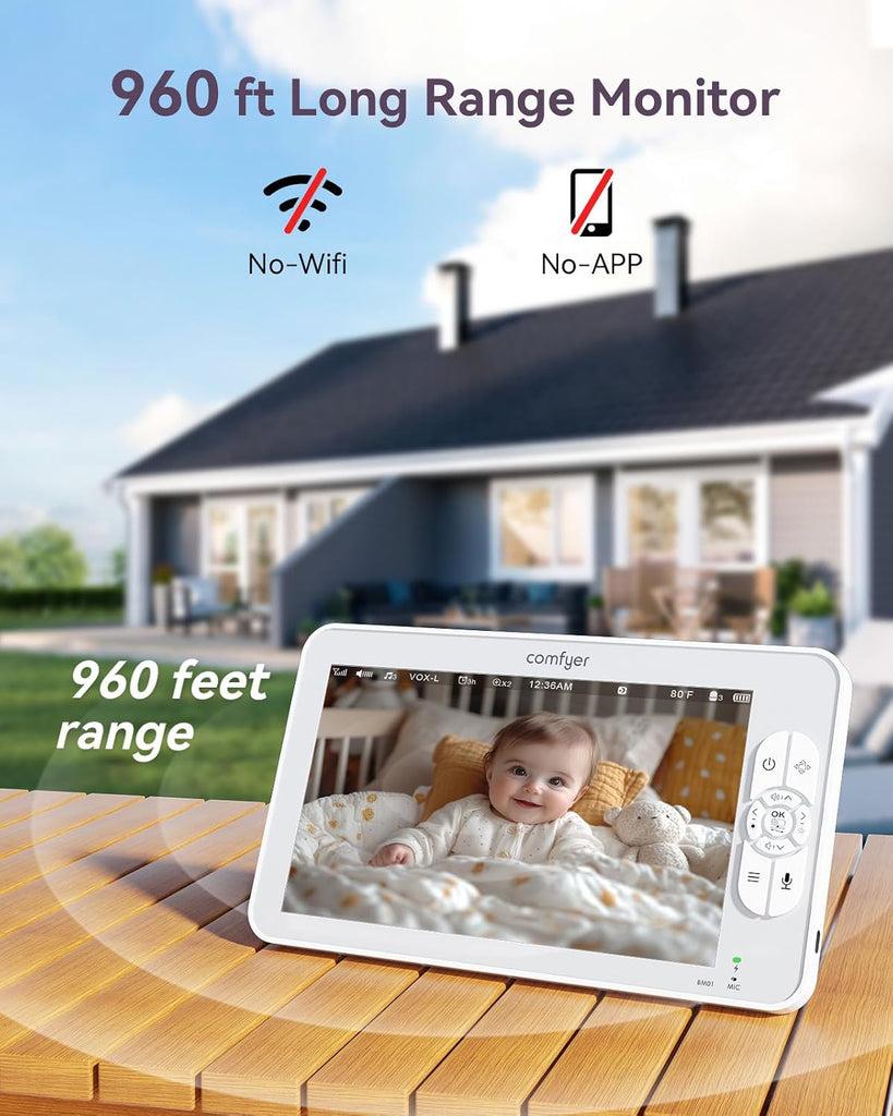 BM01 Baby Monitor with Camera and Audio, 7" 720P HD Video Baby Monitor No WiFi, 6000mAh Battery, VOX Mode, Auto Night