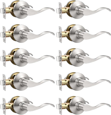 10 Pack Satin Nickel Modern Interior Passage Door Knobs, Keyless Door Handle & Closet, Wave Style Non-Locking Door
