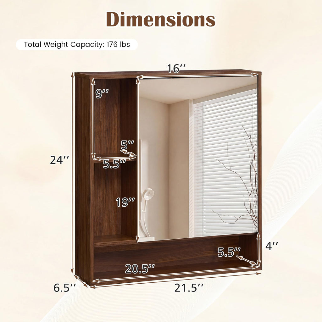 Bathroom Cabinet with Mirror, Wall Cabinet with Mirrored Door, 3 Open Cubes, Adjustable Shelf, Wooden Grain Finish